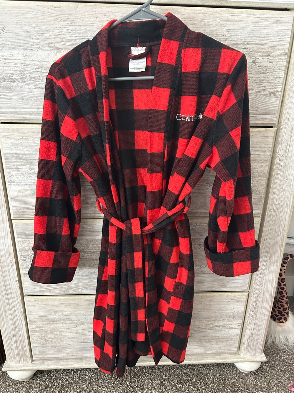 Calvin Klein Red and Black Plaid Fleece Robe with Embroidered Logo